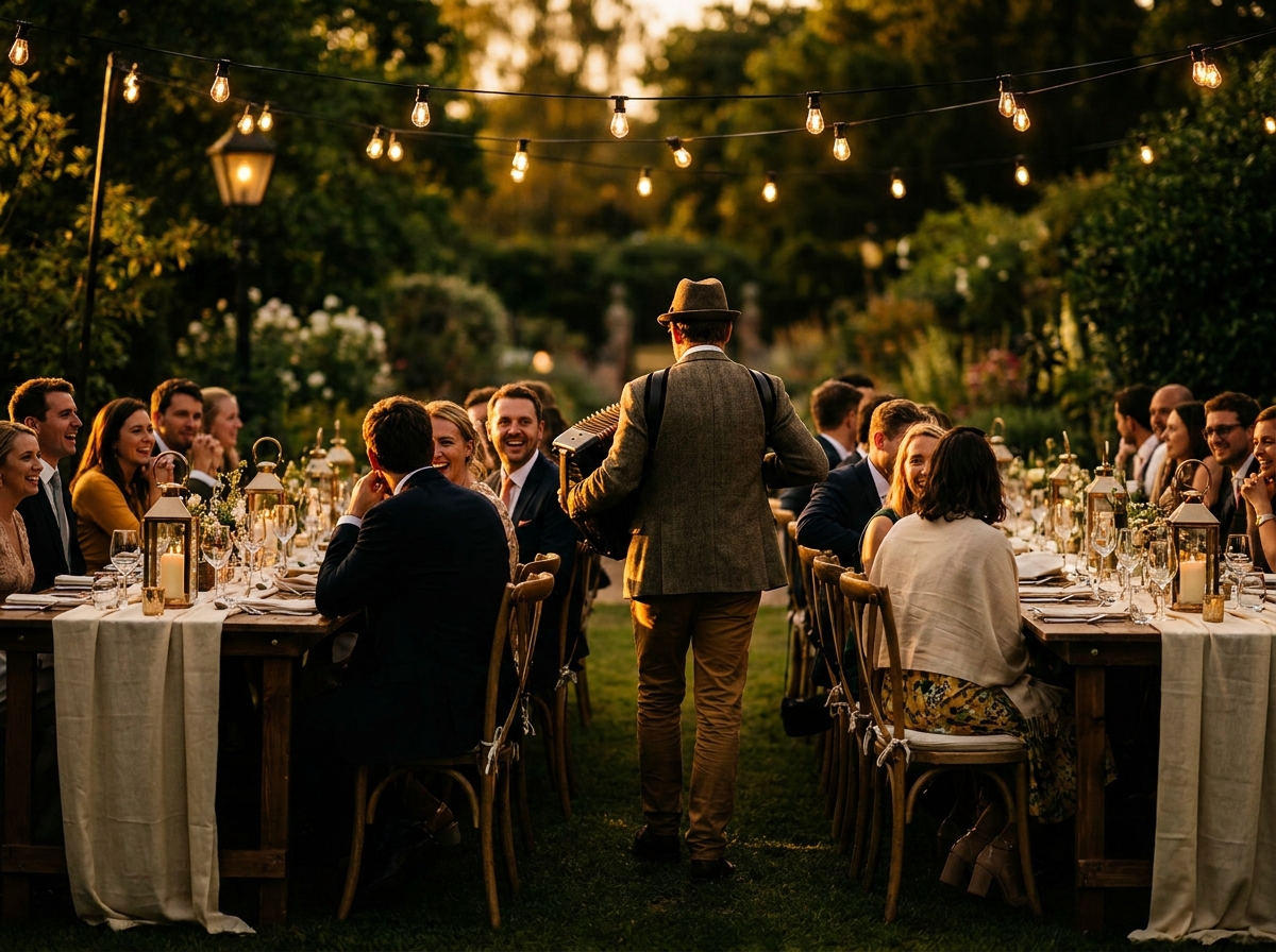 Strolling accordionist at a garden party
