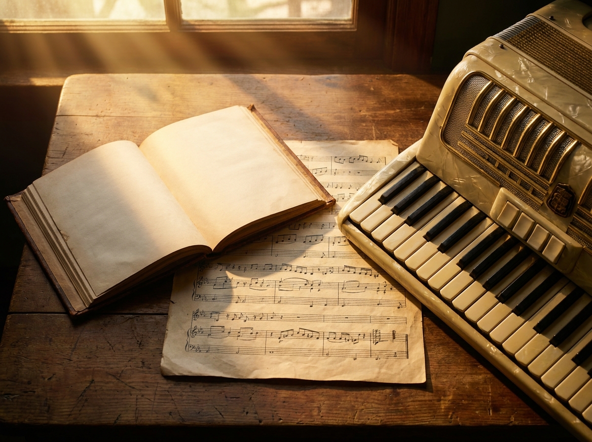 Handwritten set list beside an accordion